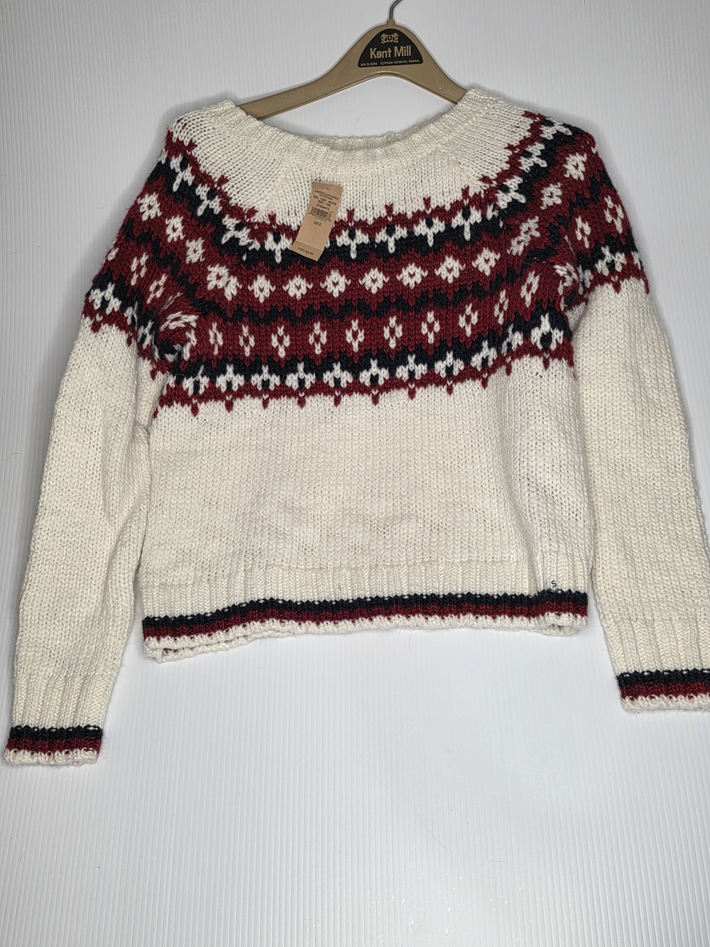 American Eagle NWT Fair Isle Wool Blend Chunky Knit Crewneck Sweater White Red S